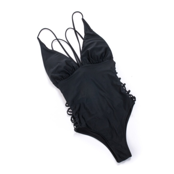 One Piece Swimsuit Black Strappy Cheeky - Picture 5 of 8